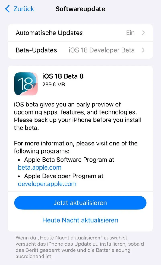 砀山苹果手机维修分享苹果 iOS / iPadOS 18 开发者预览版 Beta 8 发布 